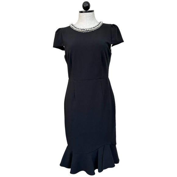 Betsey Johnson Black Dress Pearl Fringe Collar Black Cap Sleeve Ruffle Hem Sz 8 - Picture 3 of 16